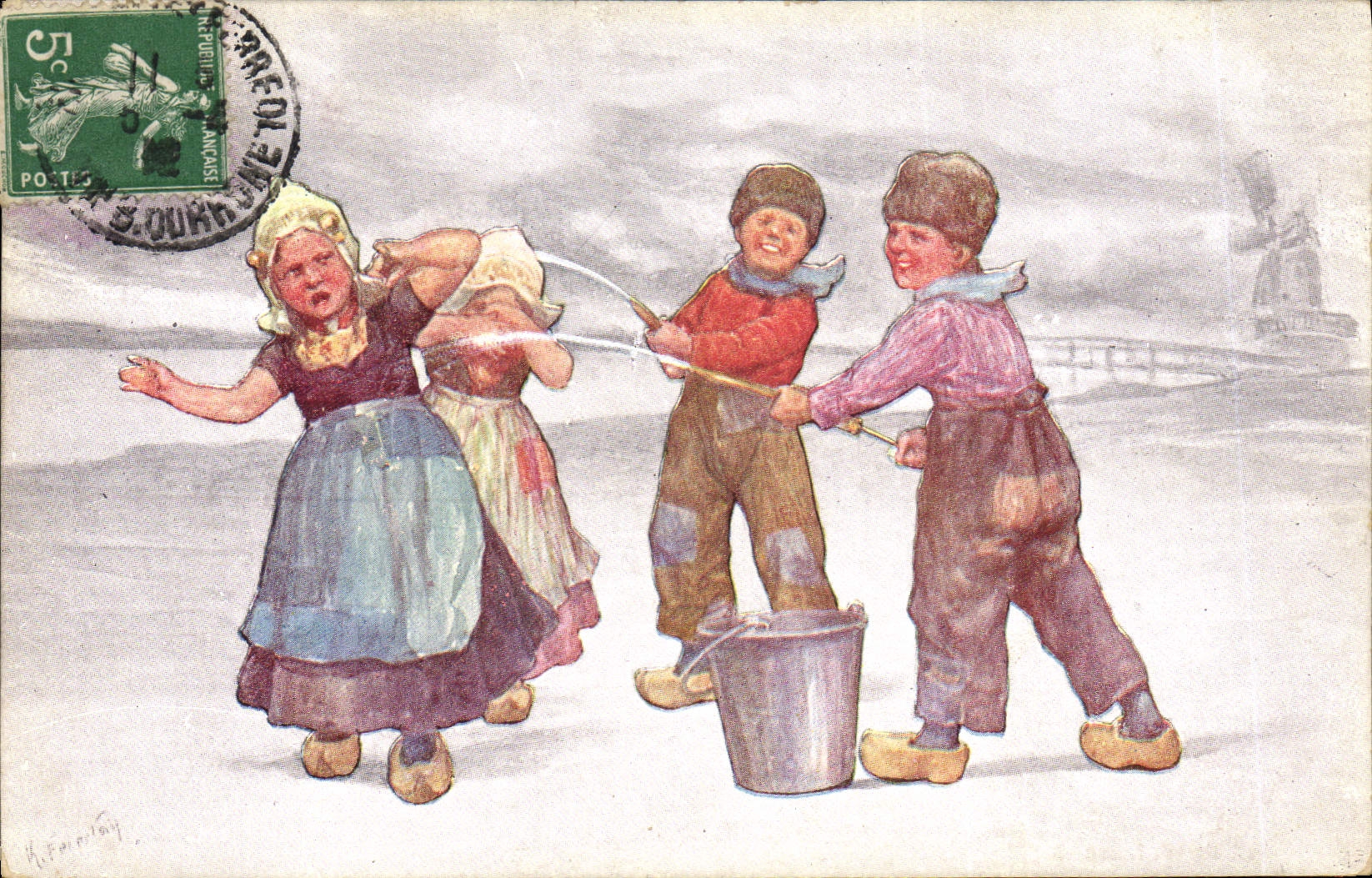 CPA Fantaisie Illustrateur Enfants Moulin a vent 