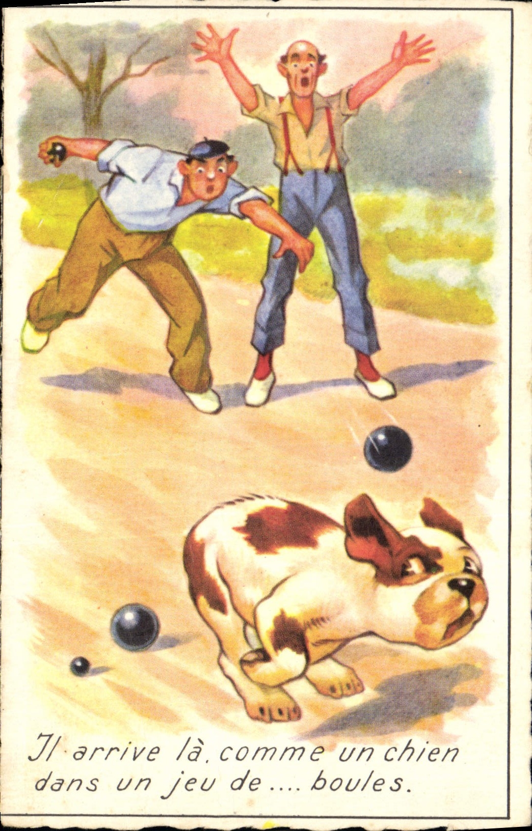 CPA Petanque Il arrive la comme un chien dans un jeu de boules 