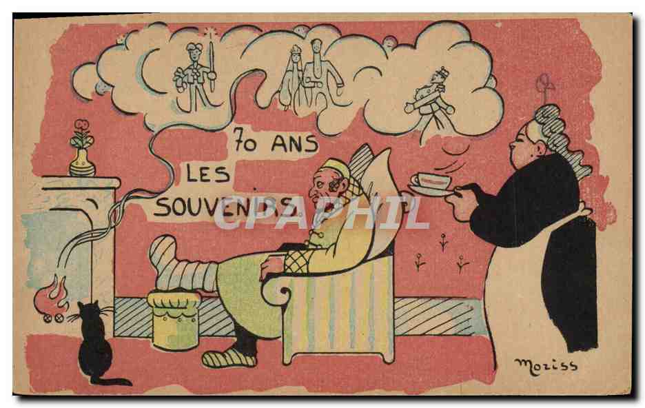 CPA Fantaisie Illustrateur 70 ans les souvenirs Chat Moriss 