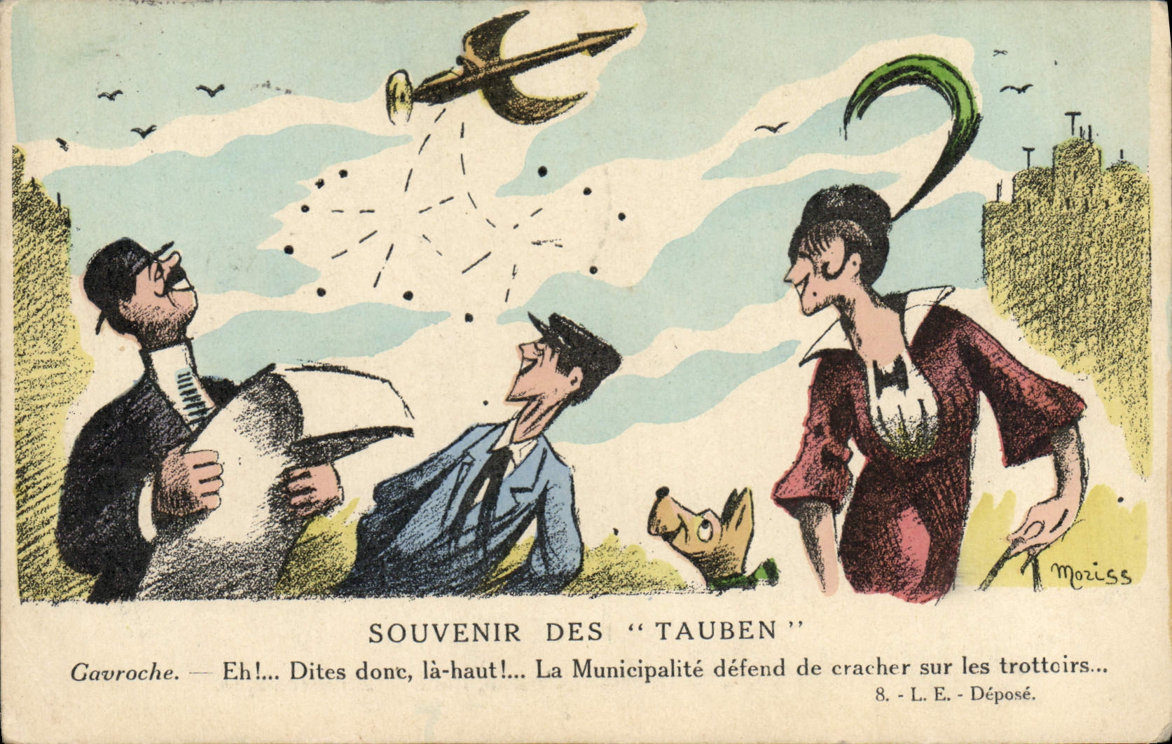 CPA Fantaisie Illustrateur Moriss Souvenir des Tauben Avion Aviation Militaria 
