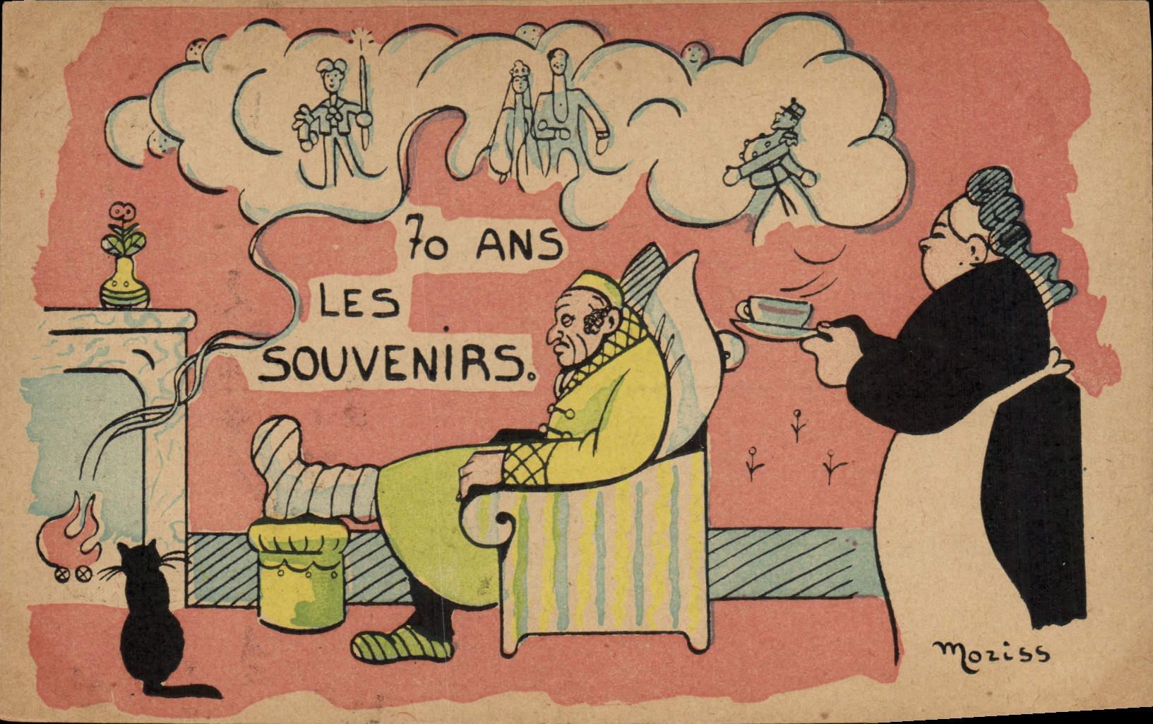 CPA Fantaisie Illustrateur 70 ans les souvenirs Chat Moriss 