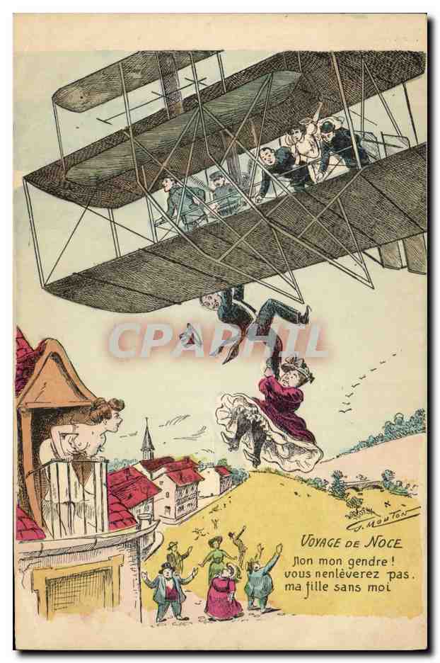 CPA Fantaisie Illustrateur Mouton Voyage de noce Mariage Avion Aviation 