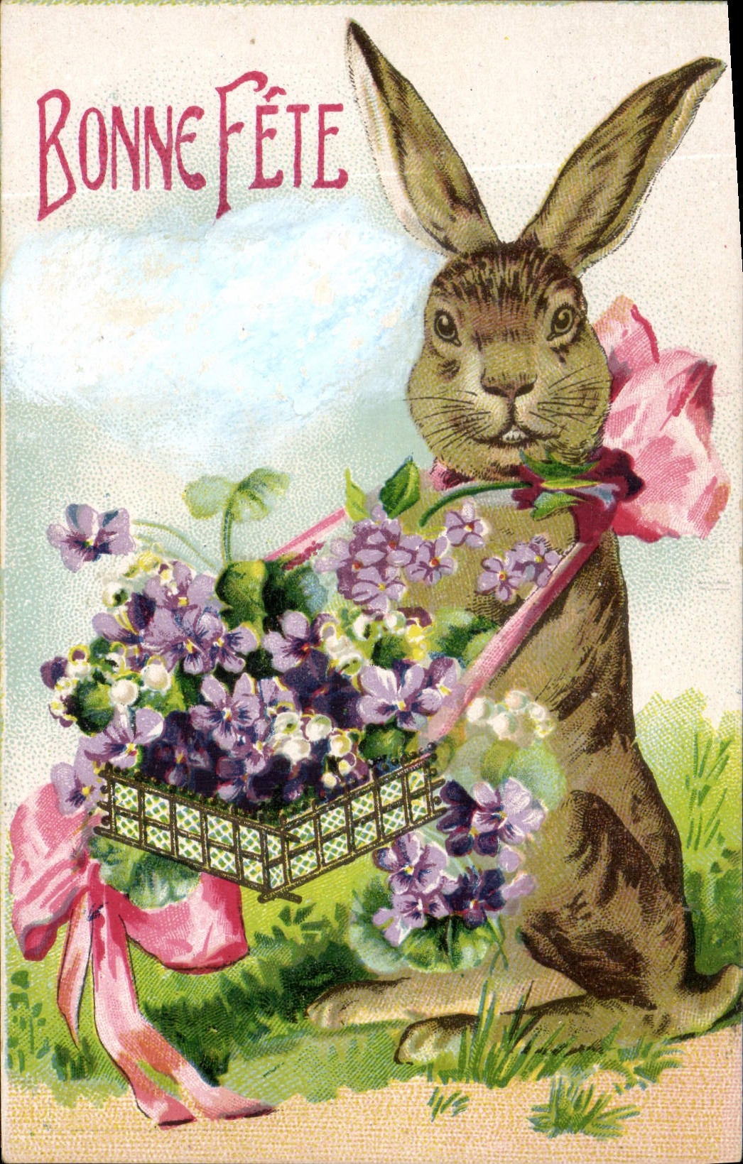 Lapin de Pâques avec panier de fleurs — Bonne Fête — Carte postale française