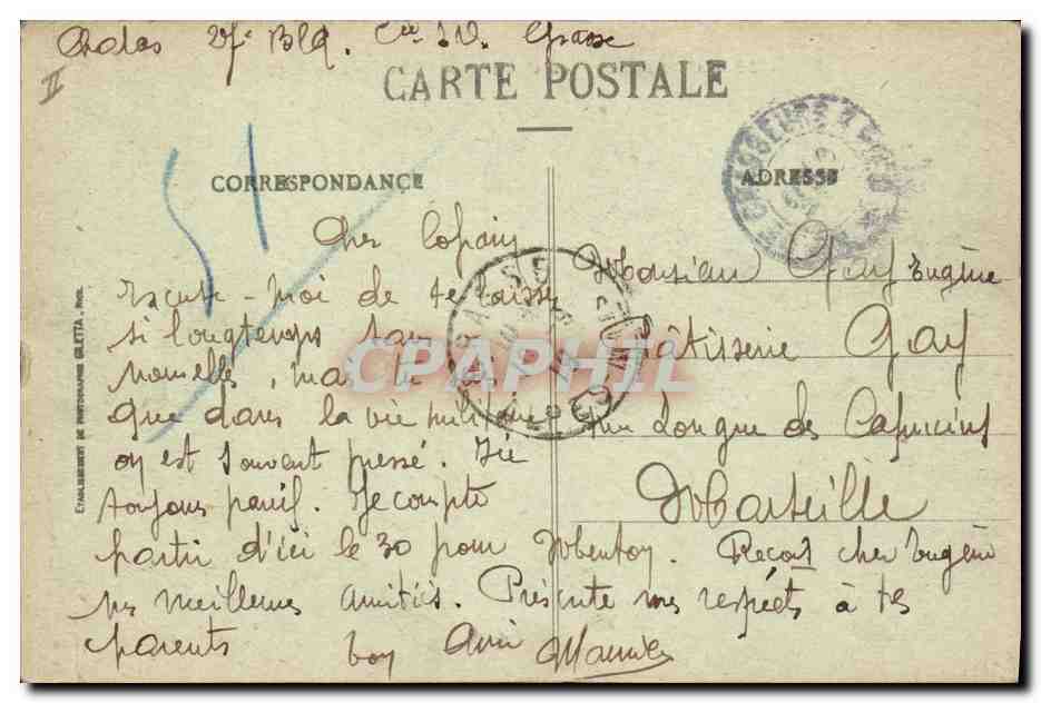 CPA Militaria Chasseurs Alpins Grasse Les casernes  — Rückseite