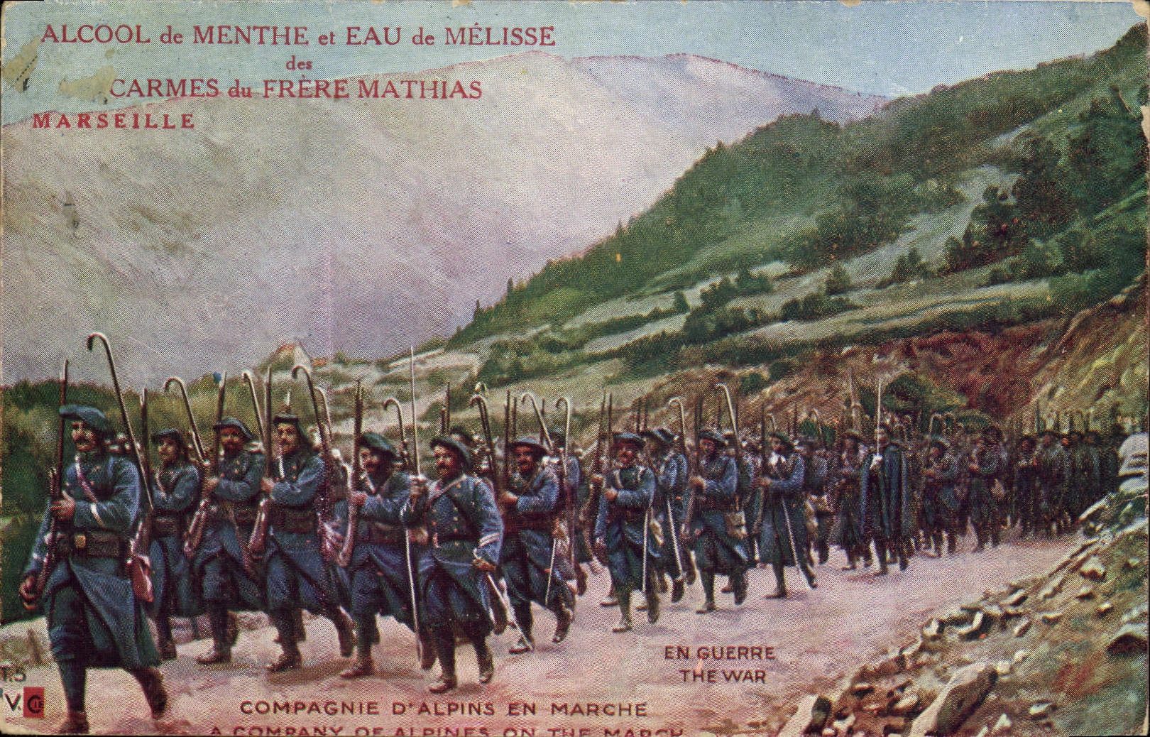 Compagnie d'Alpins en marche — publicité pour l'alcool de menthe et eau de mélisse des Frères Mathias, Marseille