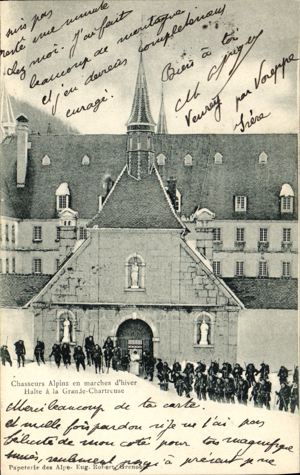 Chasseurs Alpins en marches d'hiver — Halte à la Grande-Chartreuse — Papeterie des Alpes, Eug. Robert, Grenoble