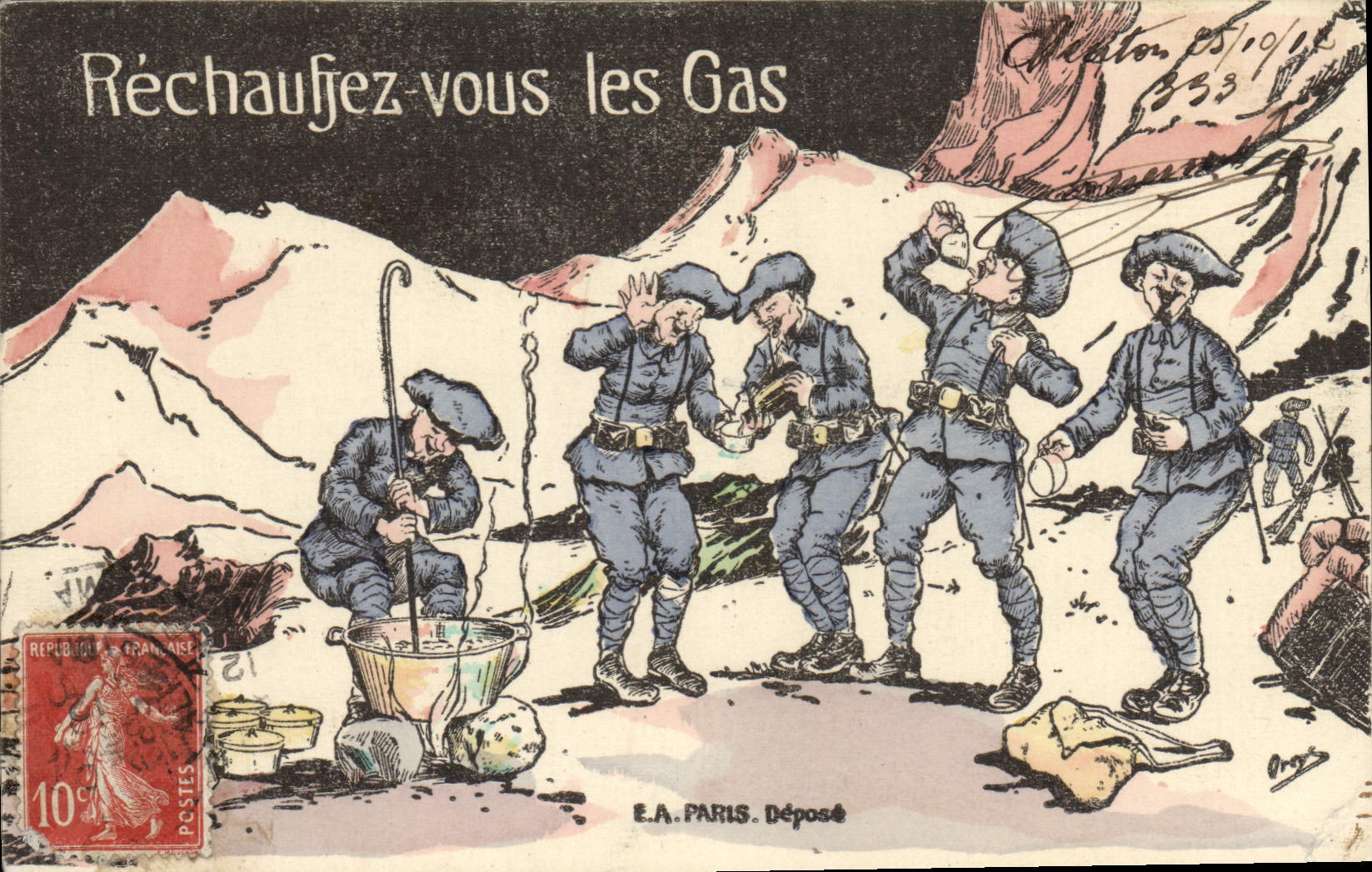 Soldats en montagne — Réchauffez-vous les Gas — E.A. PARIS. Déposé