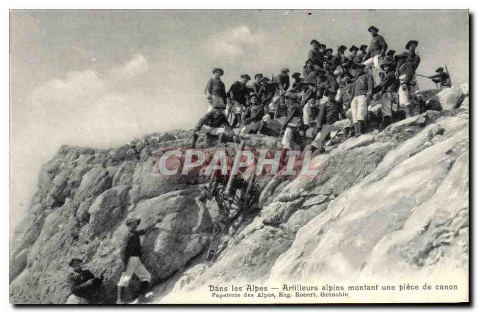 Dans les Alpes — Artilleurs alpins montant une pièce de canon — Papeterie des Alpes, Eug. Robert, Grenoble