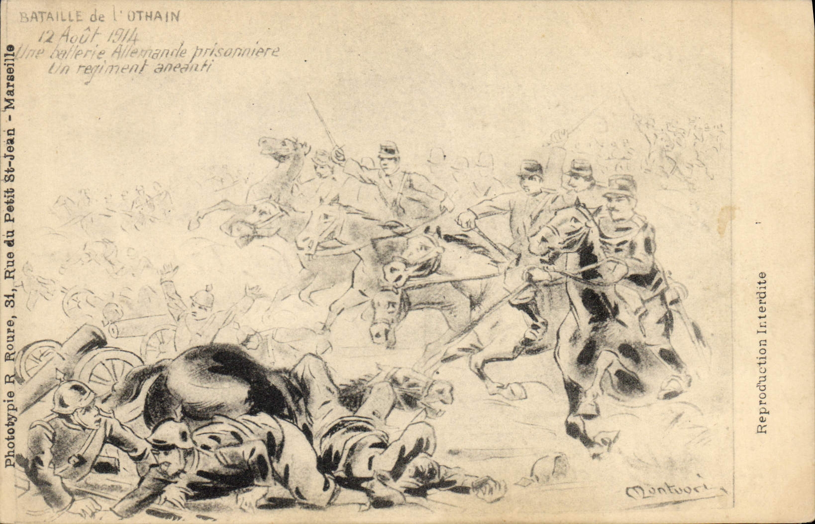 CPA Militaria Bataille de l'Othain 12 aout 1914 Une batterie allemande prisonniere Un regiment aneanti 