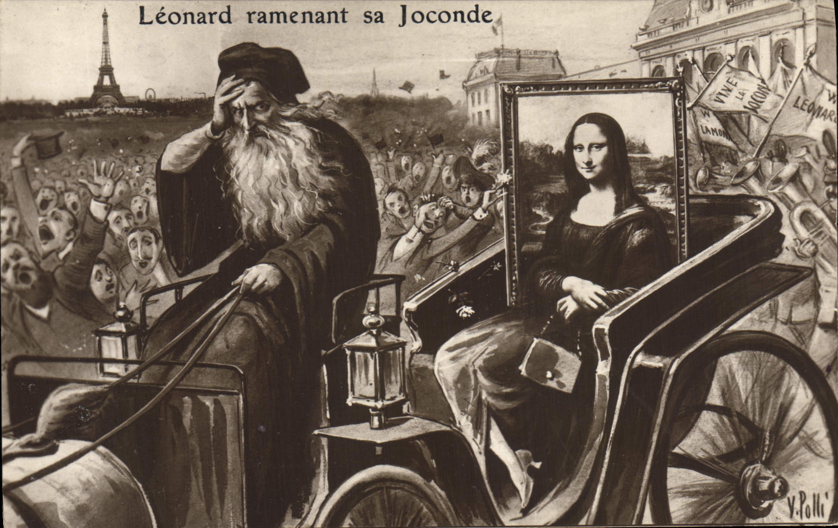 Léonard ramenant sa Joconde — caricature politique — V. Polli