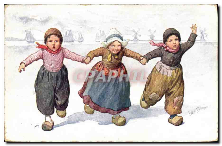 Enfants jouant à la patinoire — dessin de K. Klaas — éditeur non visible