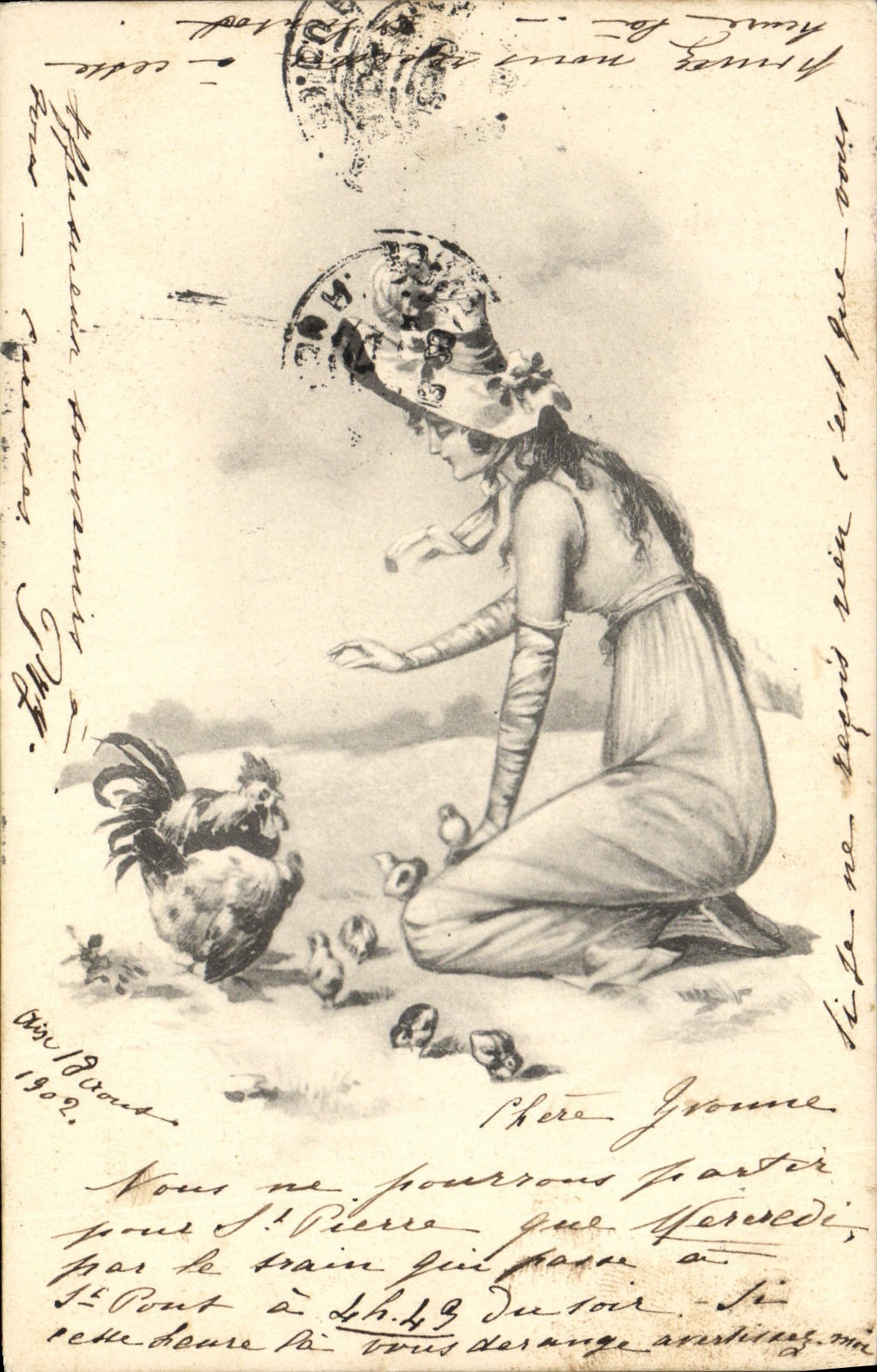 CPA Fantaisie Illustrateur Femme Coq Poules 