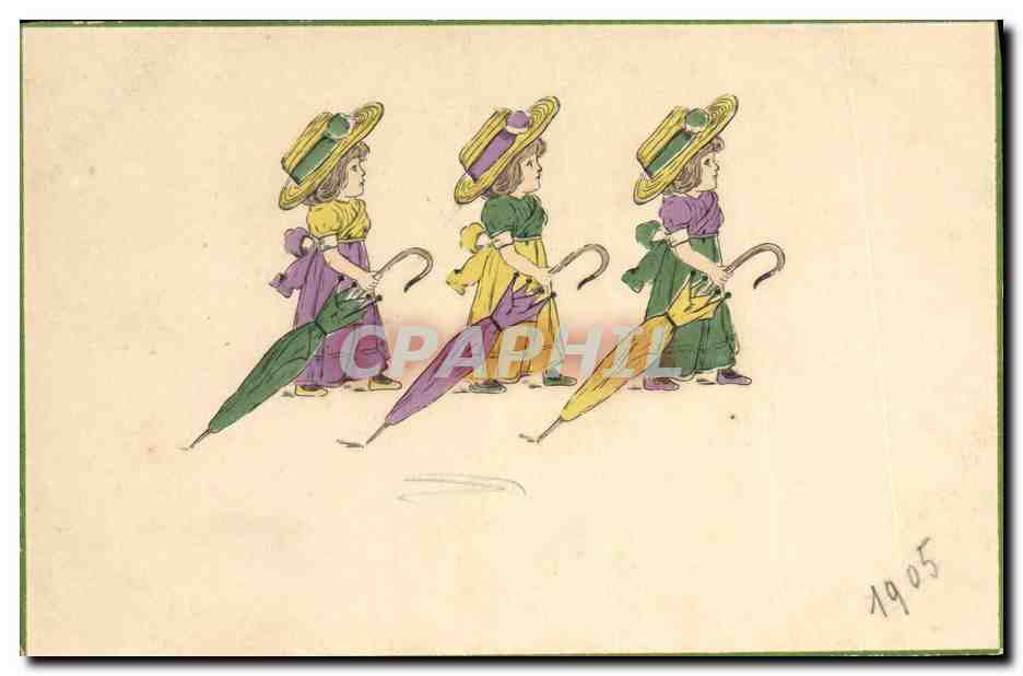 Three Young Girls with Umbrellas — color illustration — dated 1905