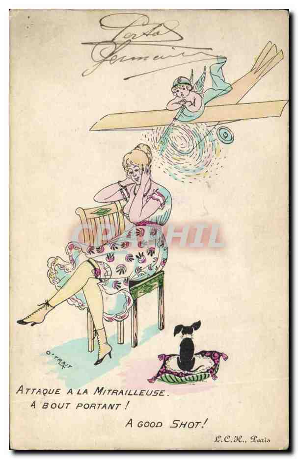 CPA Fantaisie Illustrateur Femme Ange Avion Attaque a la mitrailleuse 
