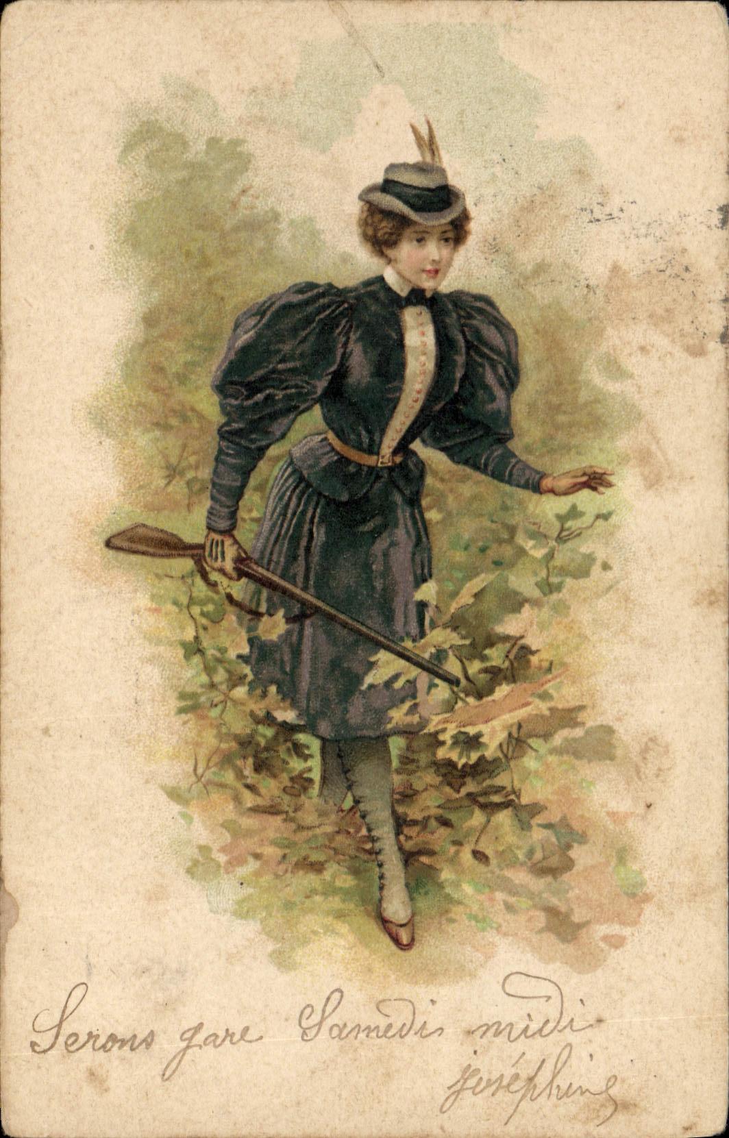 CPA Fantaisie Illustrateur Femme Chasse Chasseur 