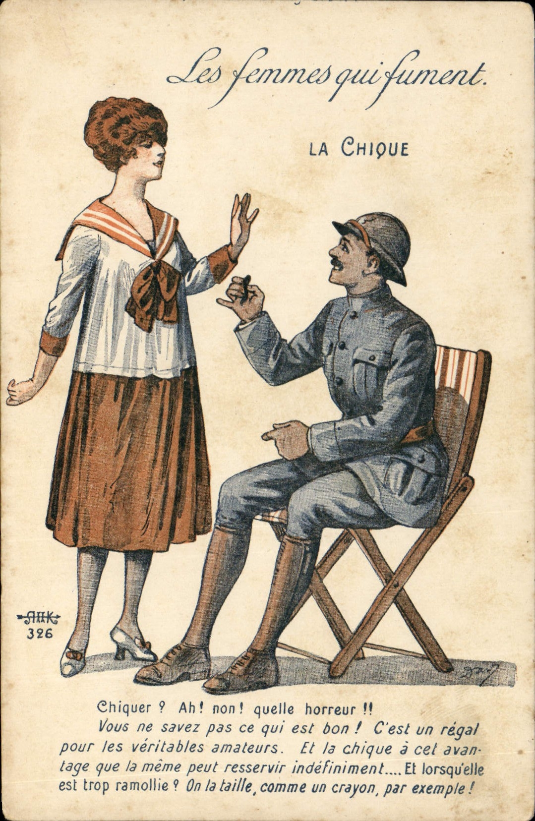CPA Fantaisie Illustrateur Les femmes qui fument la chique Militaria Tabac 