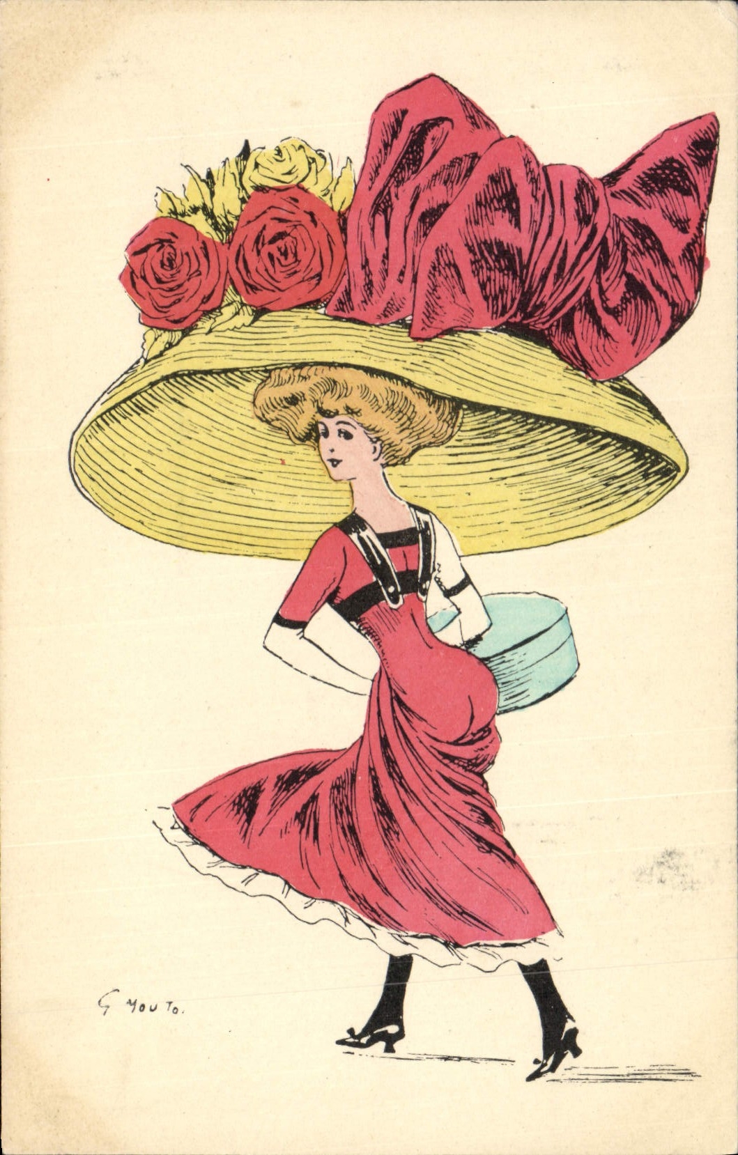 Femme en robe rouge et chapeau décoré de roses — éditeur G. You To. — n° de série non visible