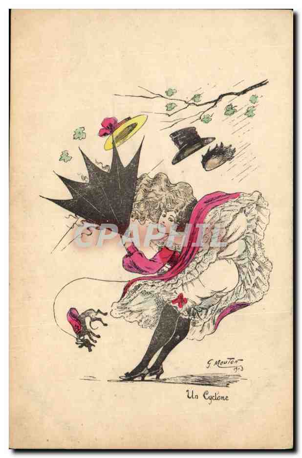 Eine Frau in einem Zyklon — humoristische Illustration — F. Mouton, 1913