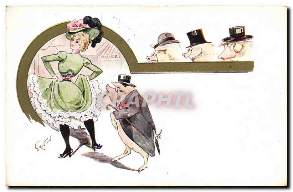 CPA Fantaisie Illustrateur Mouton Femme Cochon Porc 