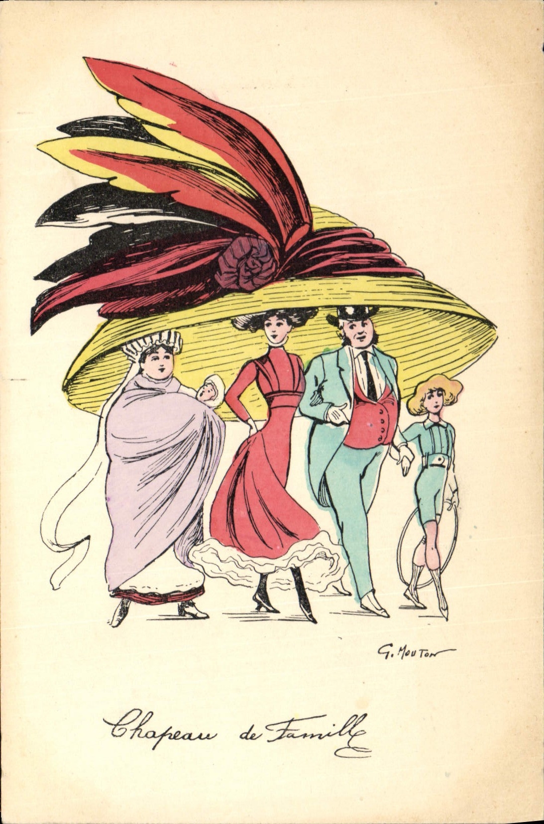 CPA Fantaisie Illustrateur Mouton Femme Chapeau de famille 