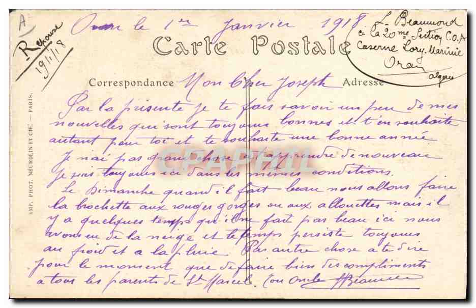 CPA Folklore Un musicien Afrique du Nord  — Verso