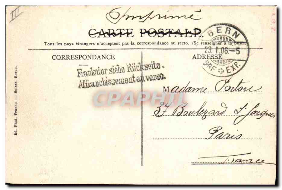 Bern — La fontaine du joueur de cornemuse — Ed. Phot. Franco, Bern, n° 1045 — Reverso