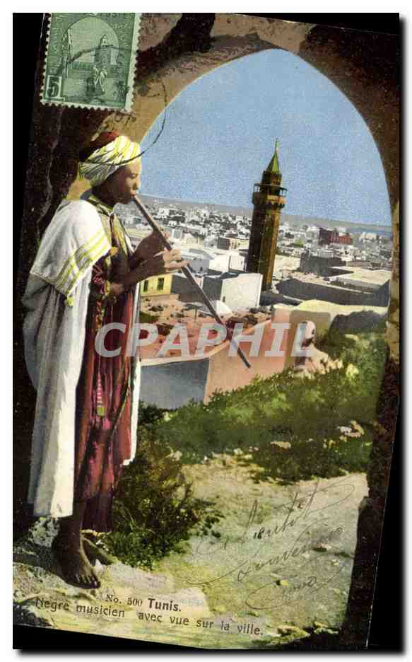 Musicien noir à Tunis — vue sur la ville — Lehner & Landrock, No 500