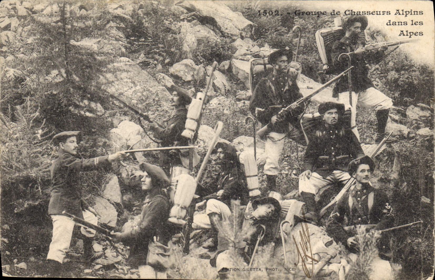 Groupe de Chasseurs Alpins dans les Alpes — 1502 — Dention Giletta, Phot., Nice