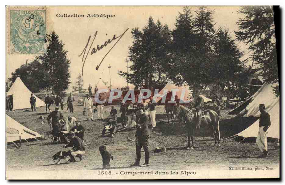 CPA Militaria Chasseurs Alpins Campement dans les Alpes