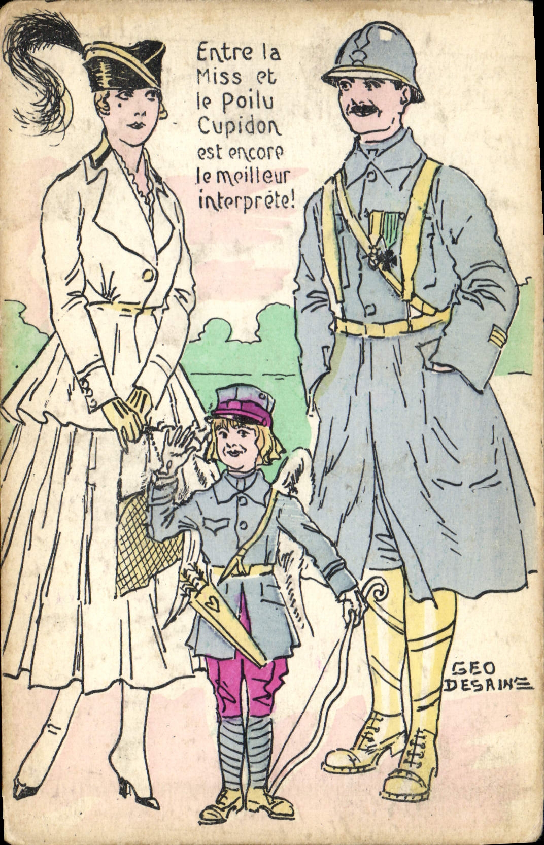CPA Militaria Entre la Miss et le Poilu Cupidon est encore le meilleur interprete 