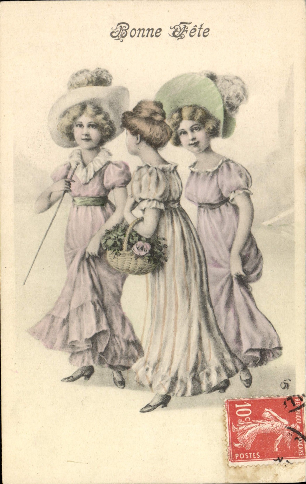 Trois jeunes filles en robes de style 1900 — Bonne Fête — Éditeur : B K W I 526-1