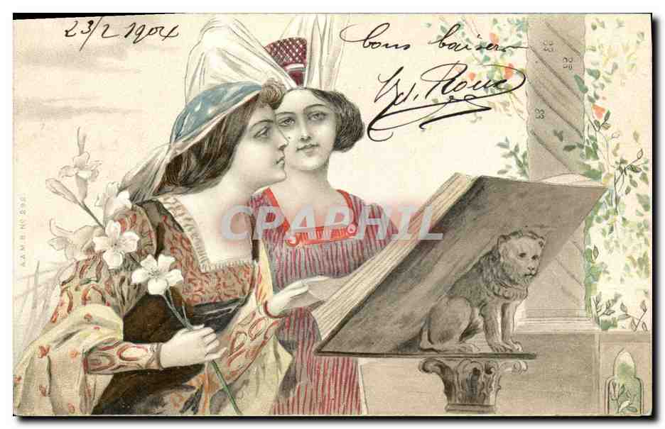 Zwei Frauen in historischem Kleid — Szene mit geschnitztem Löwen — Verlag Adam & Ny 593