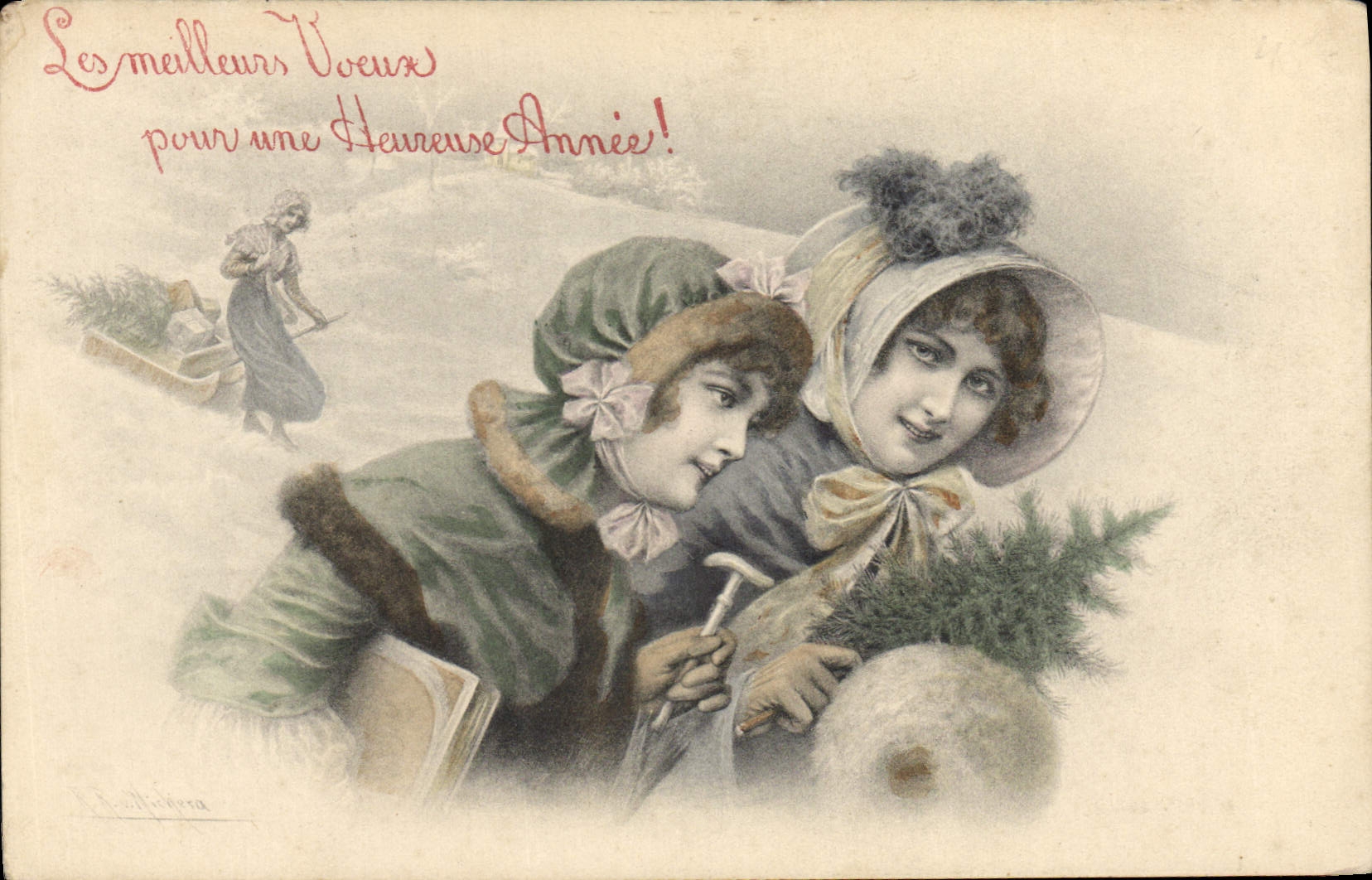 Deux jeunes femmes en hiver — scène de Noël — éditeur A. M. Weber