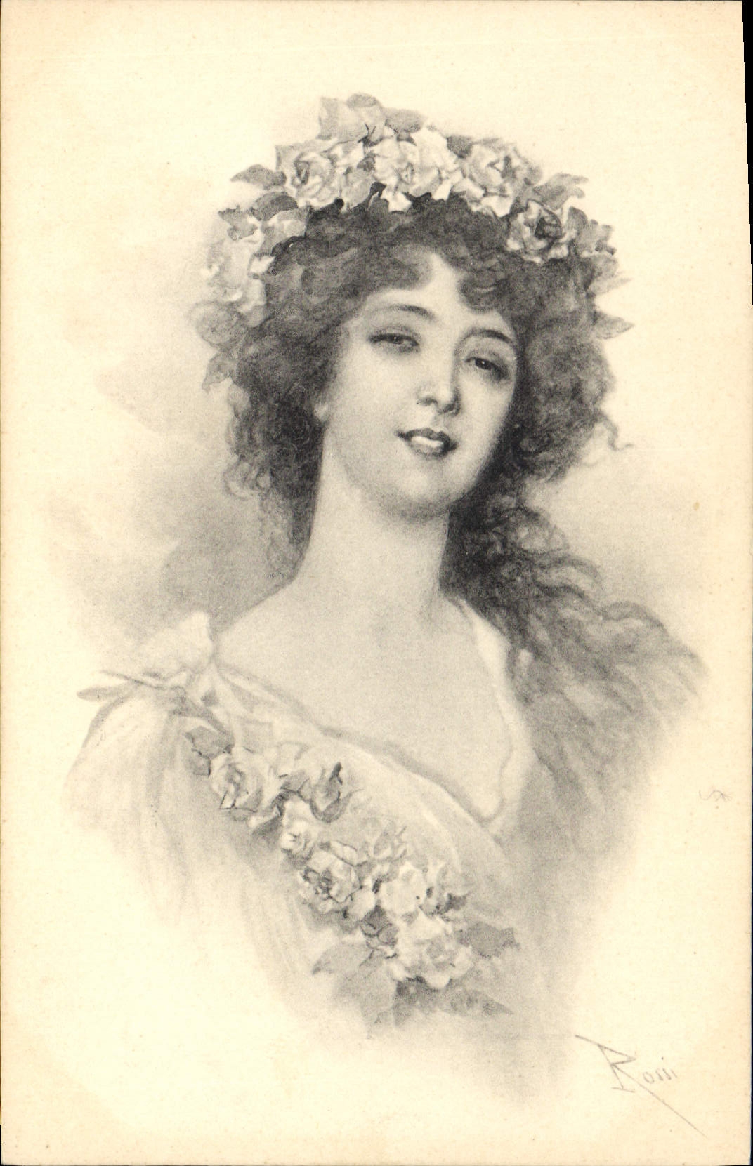 Jeune femme couronnée de fleurs — gravure signée Rosii — série 264