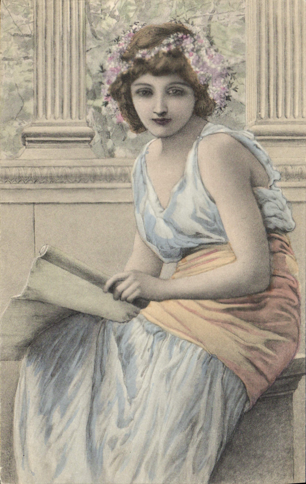 Jeune femme en robe antique avec couronne de fleurs — Nürnberg, série 207, n° 2 — Theo Stroeder