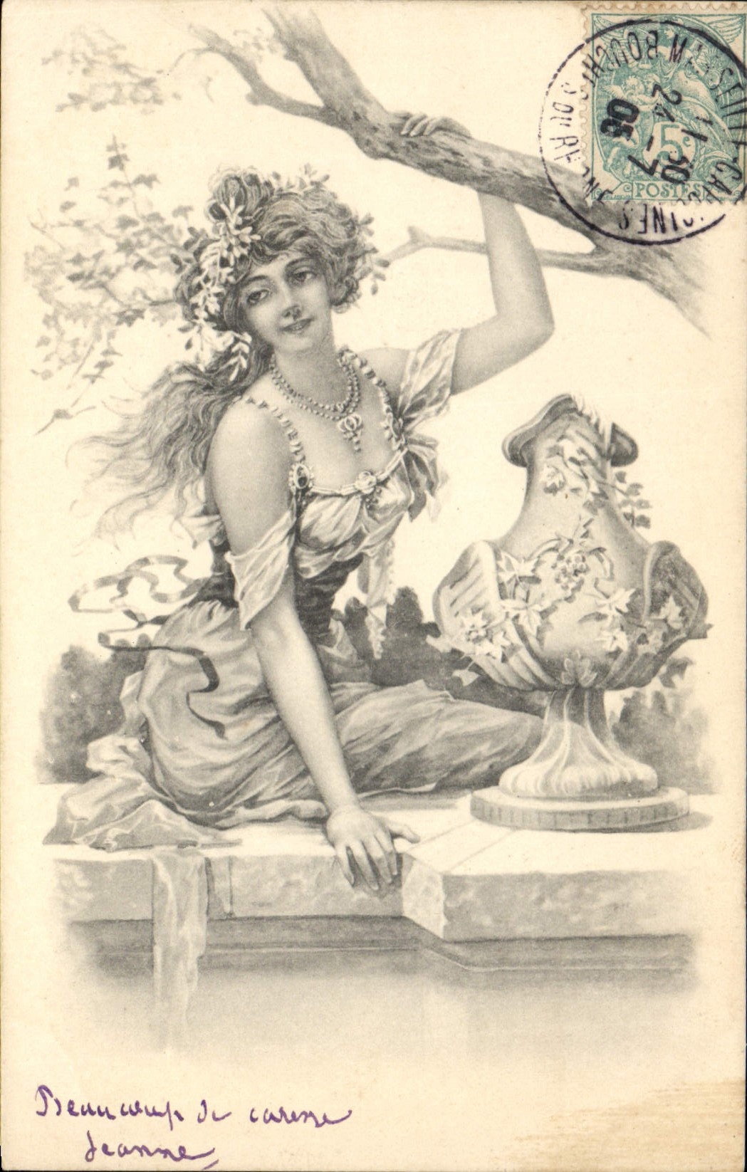 Jeune femme assise — décor floral et vase — éditeur anonyme, n° II