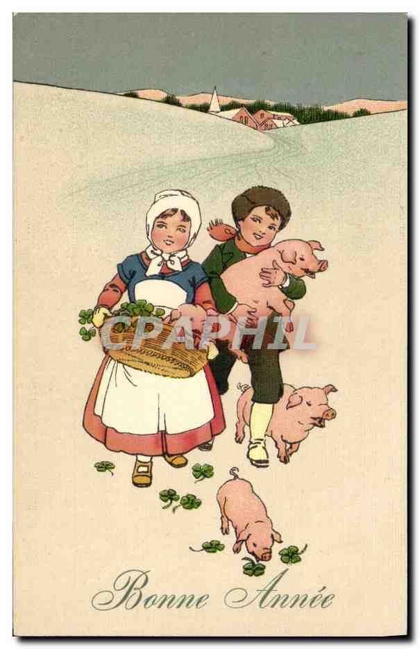 Kinder mit Ferkeln — Frohe Neujahr — S. TISON, Nr. 3276