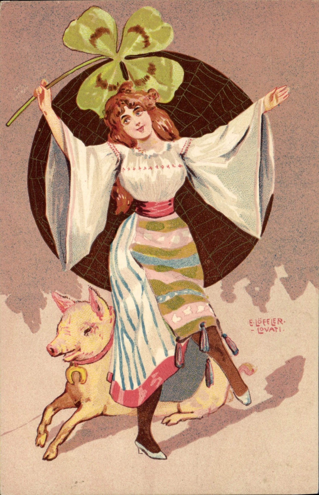 Femme avec trèfle à quatre feuilles — Éditeur E. Löffler - Lovati