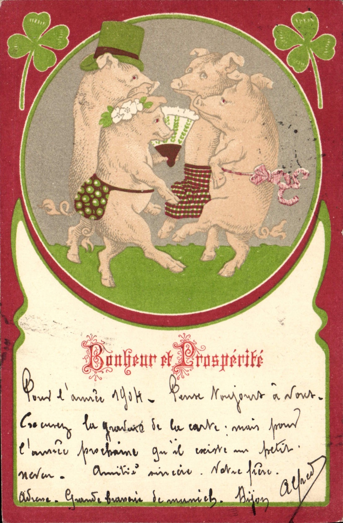 Trois porcs dansant — Bonheur et Prospérité — Alphonse Lévy, n° 14