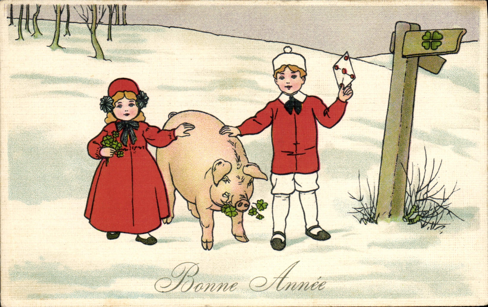 Enfants avec cochon — Bonne Année — Imprimée en Allemagne