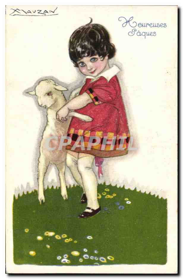 Enfant avec agneau — Heureuses Pâques — X. LAUZAN