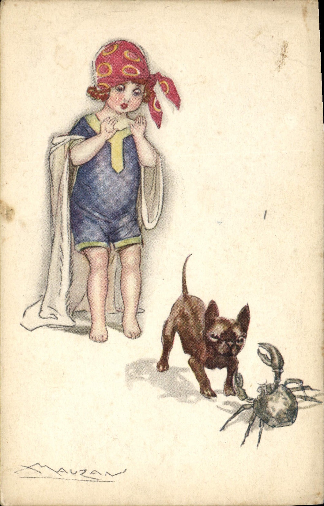 CPA Fantaisie Illustrateur Mauzan Enfant Chien Crabe 