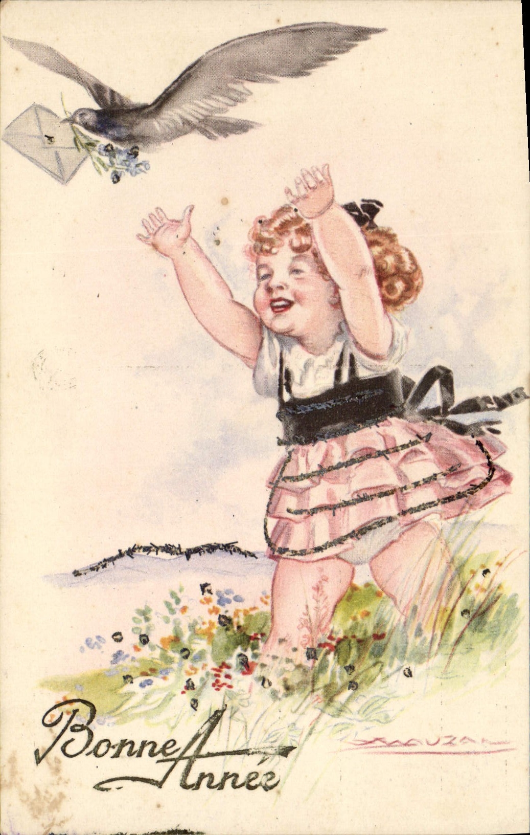 Enfant et oiseau porteur de lettre — Bonne Année — ZAOUZAN