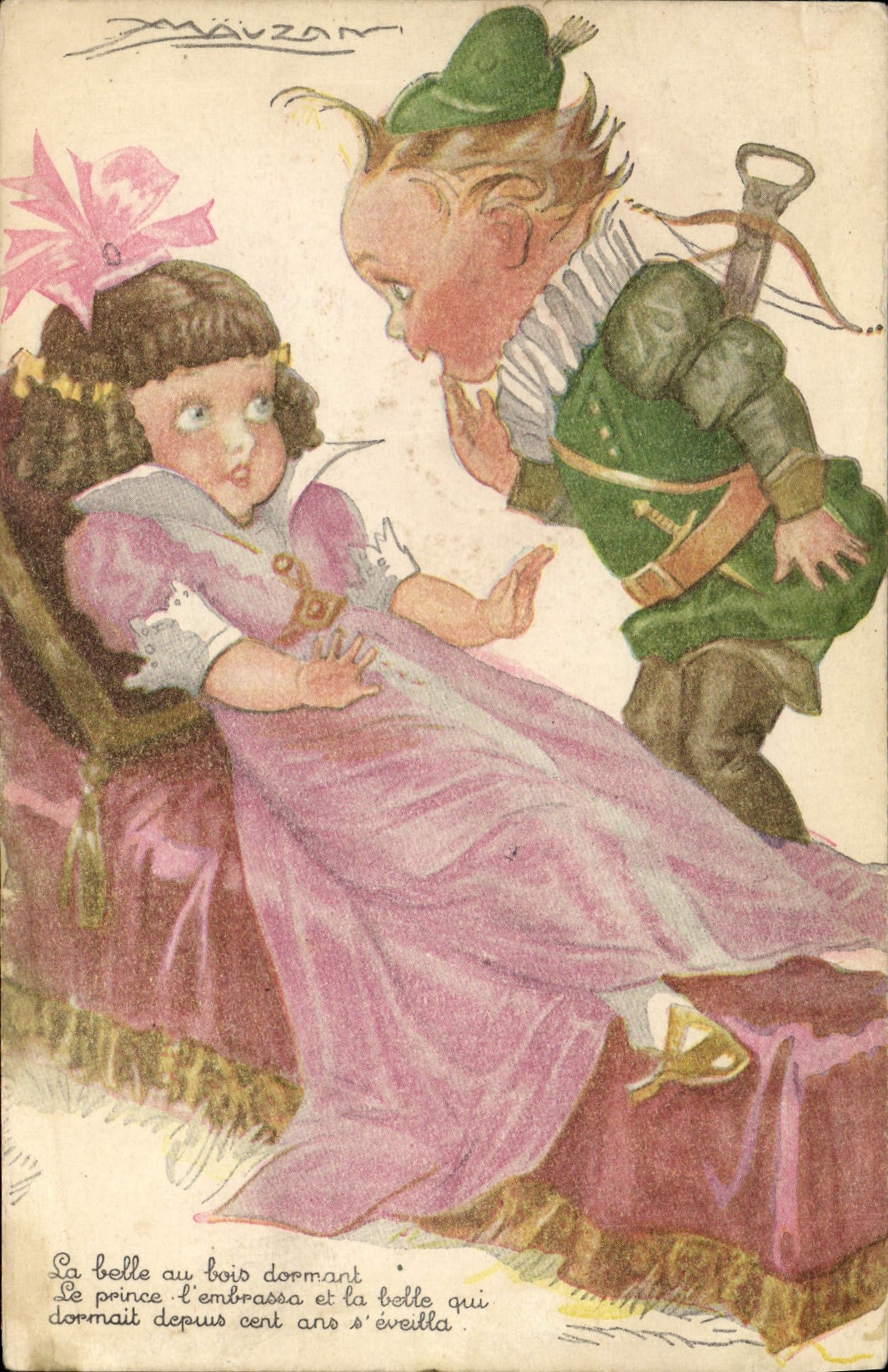 CPA Fantaisie Illustrateur Mauzan Enfants Robin des bois Arbalete La belle au bois dormant 