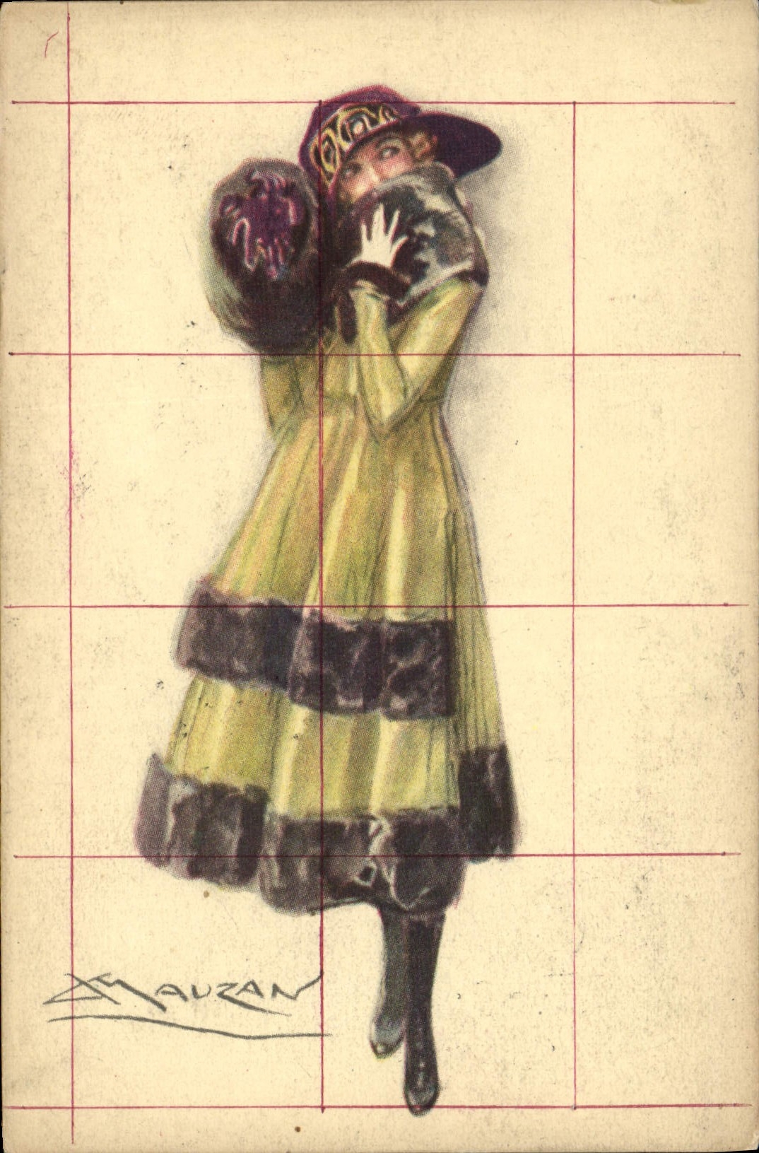 Femme en manteau vert et chapeau — dessin de mode — Attauzan