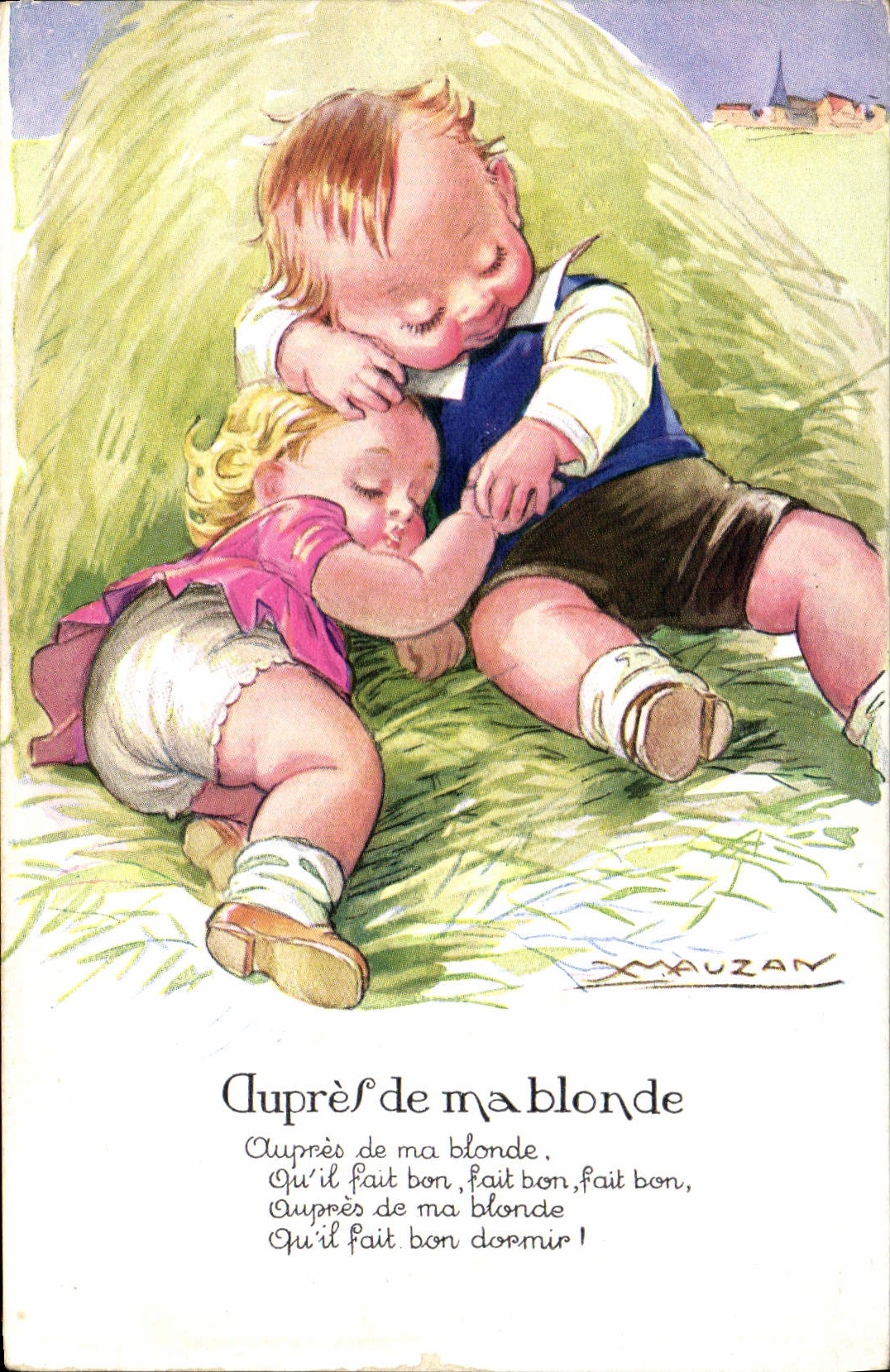 Zwei schlafende Kinder — Illustration von X. MAUZAN — Verlag M. LABBÉ, n° 113