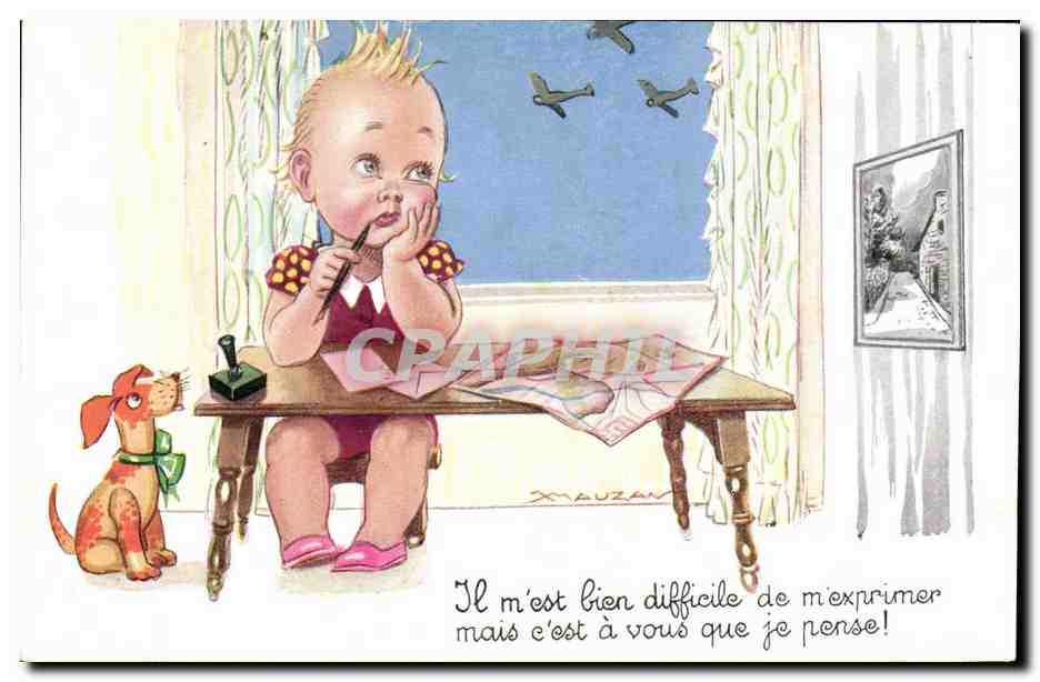 CPA Fantaisie Illustrateur Mauzan Enfant Chien Il m'est bien difficile de m'exprimer Avions 
