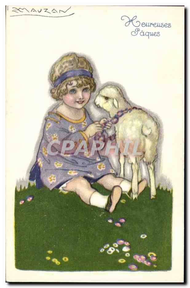 CPA Fantaisie Illustrateur Mauzan Enfant Agneau Paques 