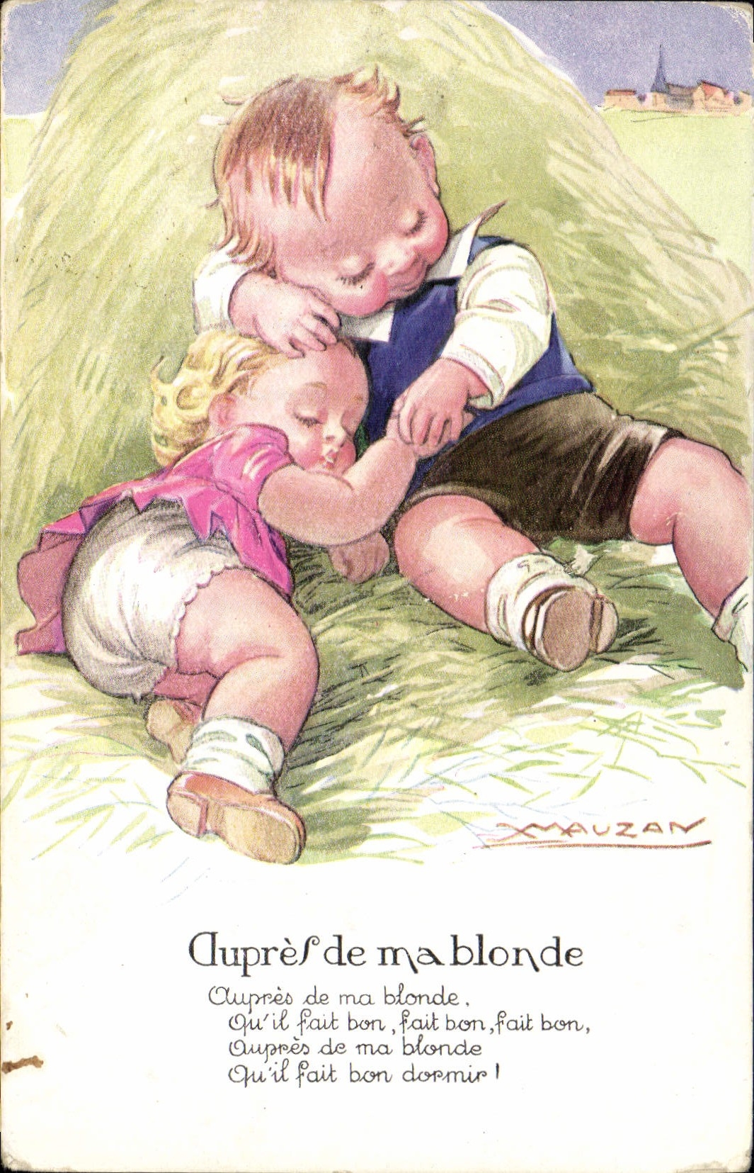 Zwei Kinder neben einer Heuhaufen — X. MAUZAN — n°113