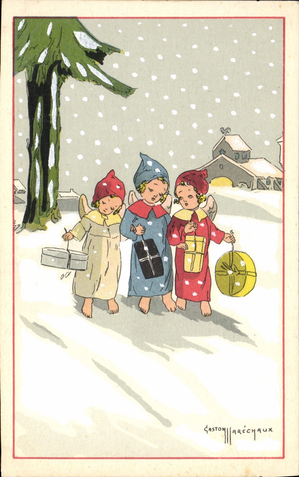 Trois enfants en tenue d'anges dans la neige — Gaston Marcéchaux